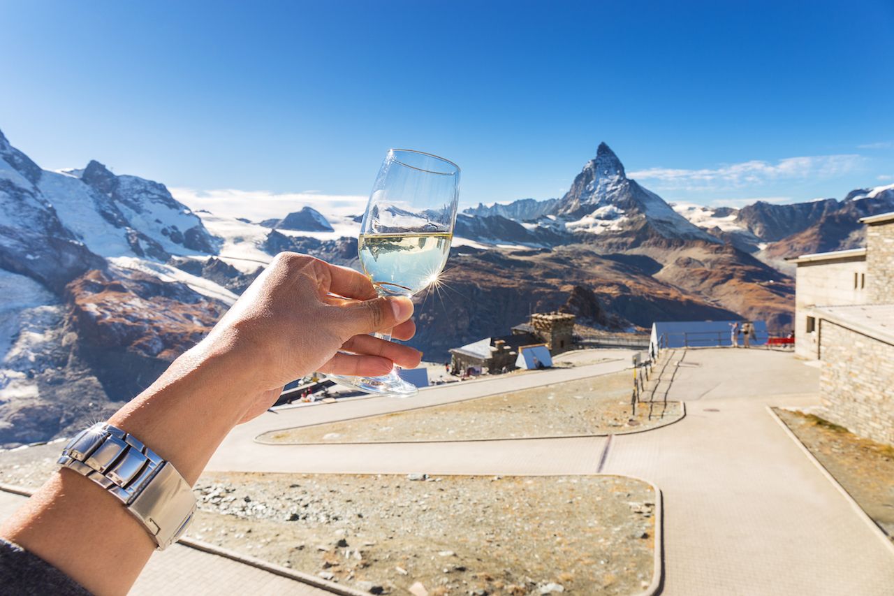 Champange or wine for celebration with amazing view of Matterhorn mountain