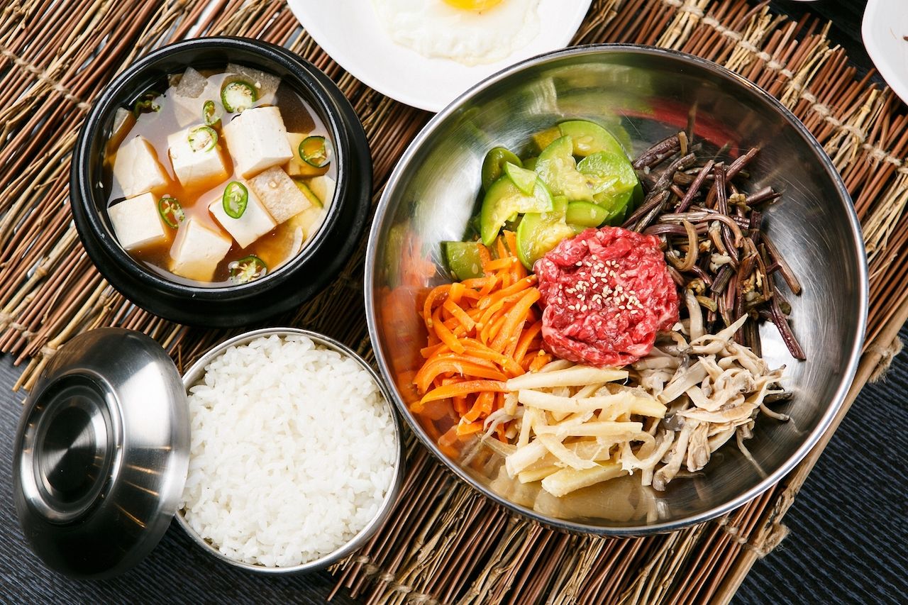bibimbap with rice on a tatami mat