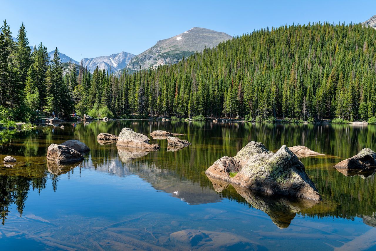 A sunny summer morning view of a rocky section of Bear Lake, Rocky Mountain National Park, Colorado